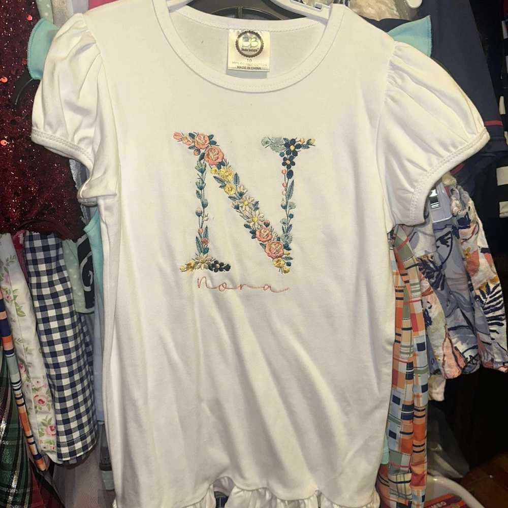 White Floral Initial Kids Shirt “N” “Nora”